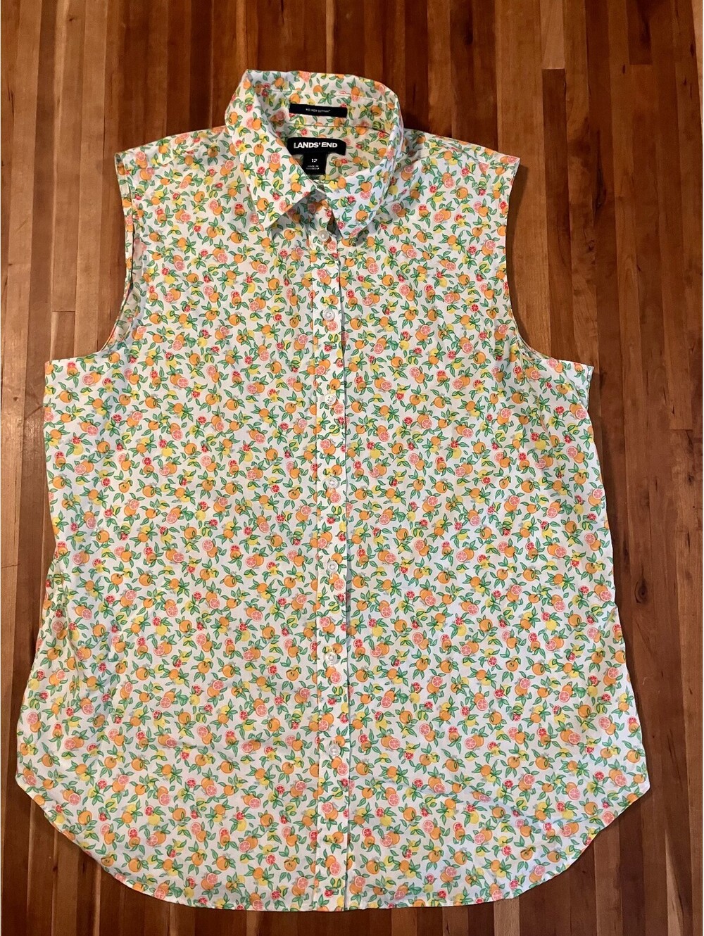 Lands End Womens 12 Citrus Print Sleeveless Button Down Shirt Supima No Iron